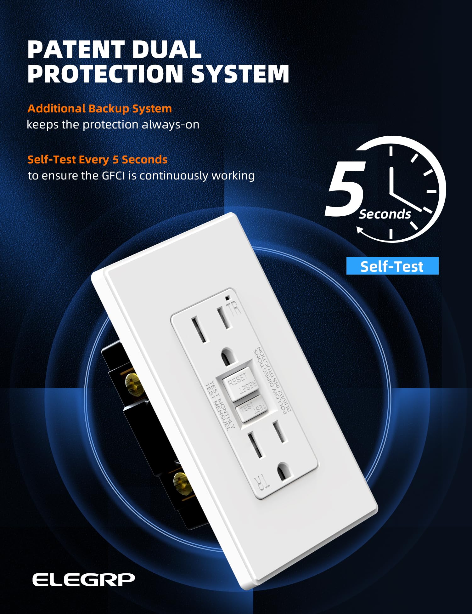 ELEGRP GFCI Outlet, Tamper-Resistant, Self-Test Every 5 Seconds, 15A/20A, UL Listed, Slim Design, Wall Plate Included