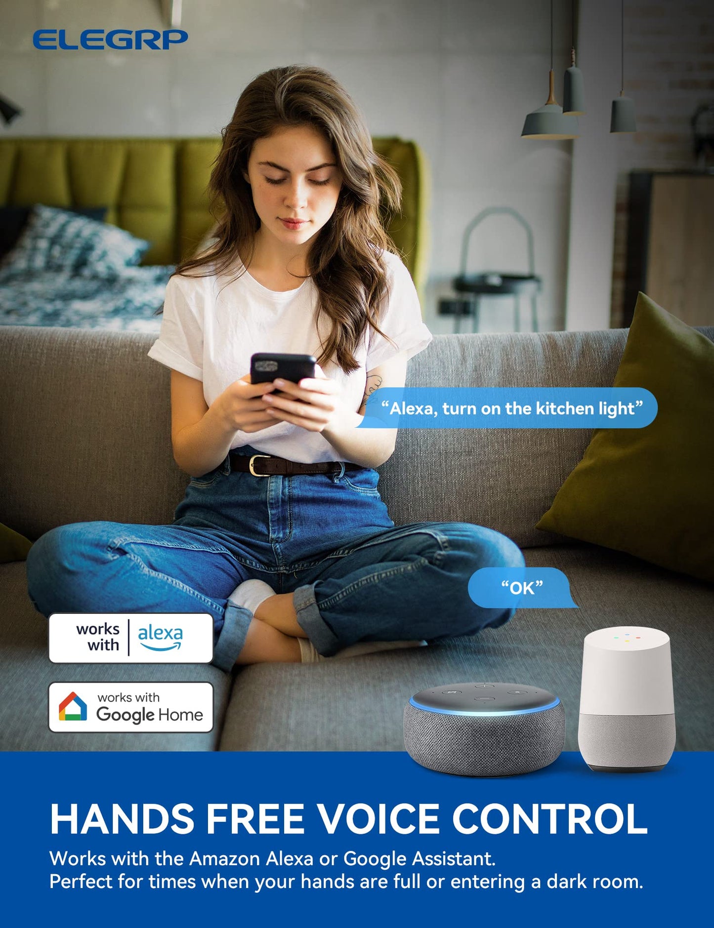 ELEGRP Smart Light Switch, Single Pole or 3-Way, 2.4GHz Wi-Fi Switch, Voice Control with Alexa & Google Assistant, Remote Control & Scheduling
