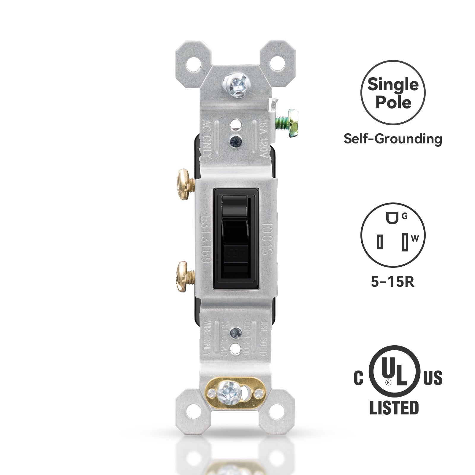 ELEGRP Single Pole Toggle Light Switch, 15 Amp, 120 Volt, Quiet AC Switch, Self-Grounding, Quick Push-in Wiring (10 Pack), UL Listed