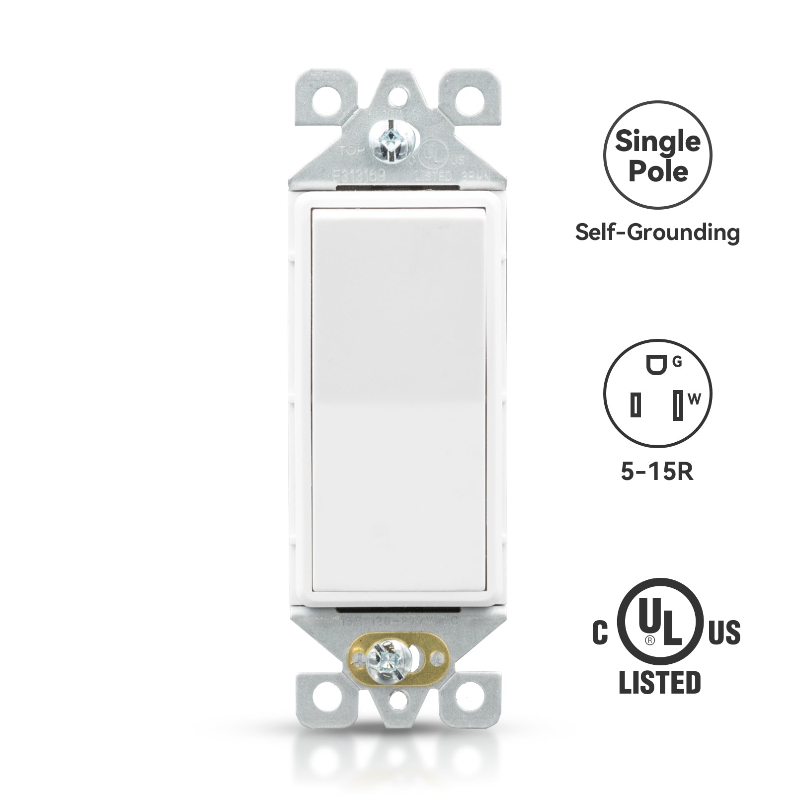 ELEGRP Standard Decorative Single Pole Light Switch, Self-Grounding, 15A 120-277V, Glossy/Matte White or Black, UL Listed, 10 Pack