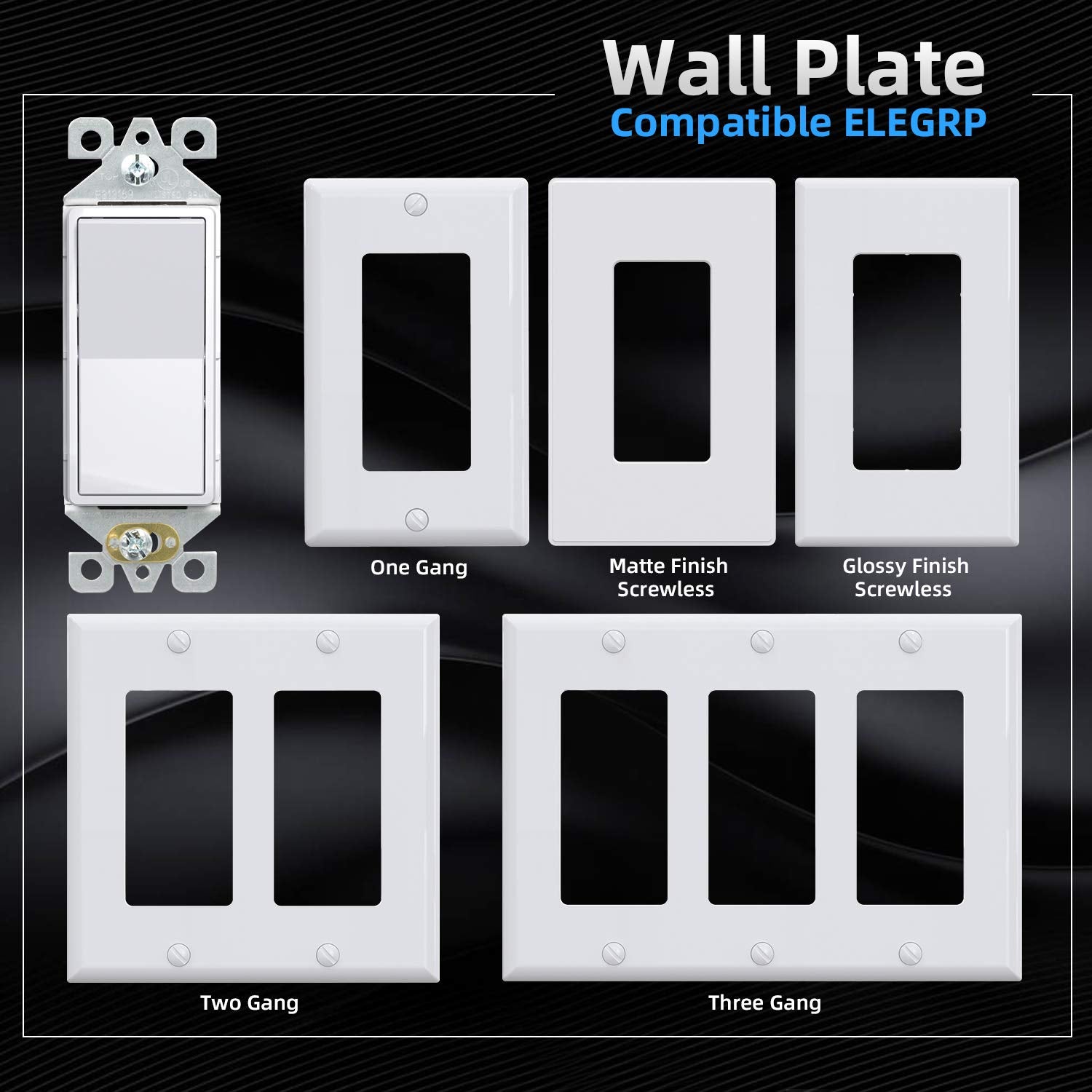 ELEGRP Standard Decorative Single Pole Light Switch, Self-Grounding, 15A 120-277V, Glossy/Matte White or Black, UL Listed, 10 Pack