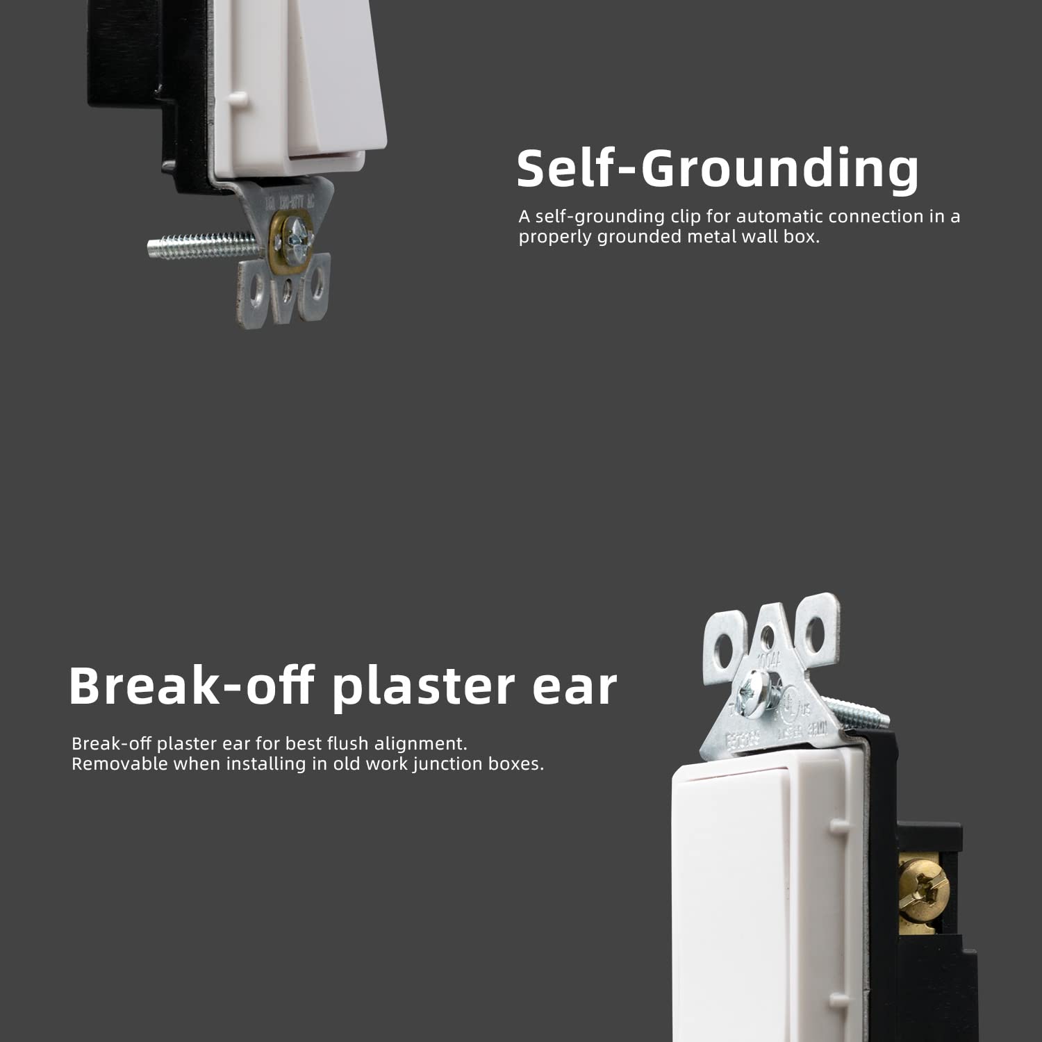 ELEGRP Standard Decorative Single Pole Light Switch, Self-Grounding, 15A 120-277V, Glossy/Matte White or Black, UL Listed, 10 Pack