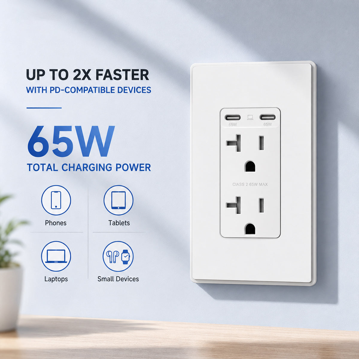 65W USB-C Wall Outlet with Dual Fast Charging Ports