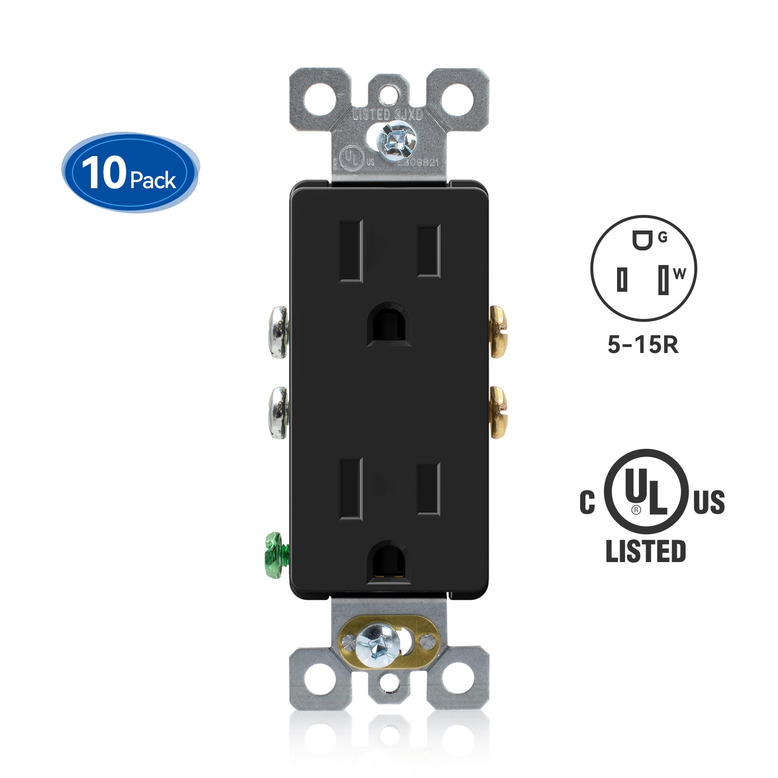 ELEGRP Decorative Outlets, 2 Pole 3 Wire Grounding, 15A 125V, TR or Standard Receptacle for Residential Use, Matte Finish (10 Pack)