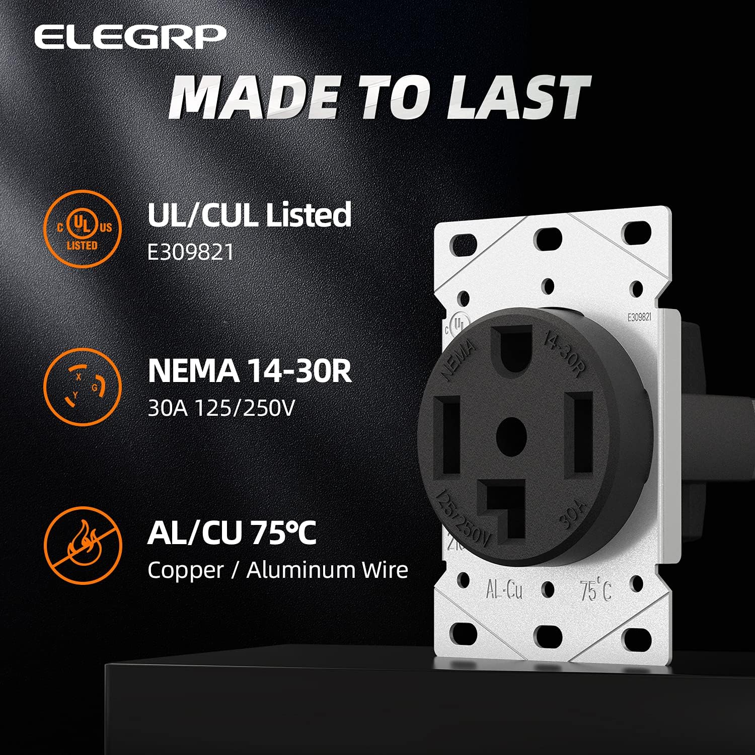ELEGRP 30/50 Amp Flush Mount Power Receptacle, NEMA 14-30R & 14-50R Outlet, and Heavy Duty Plug, NEMA 14-30P & 14-50P, 125/250V, UL Listed
