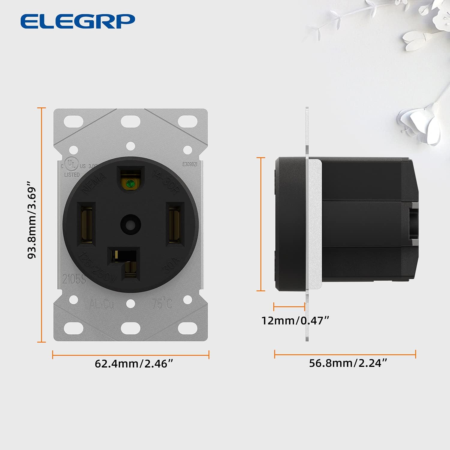 ELEGRP 30/50 Amp Flush Mount Power Receptacle, NEMA 14-30R & 14-50R Outlet, and Heavy Duty Plug, NEMA 14-30P & 14-50P, 125/250V, UL Listed