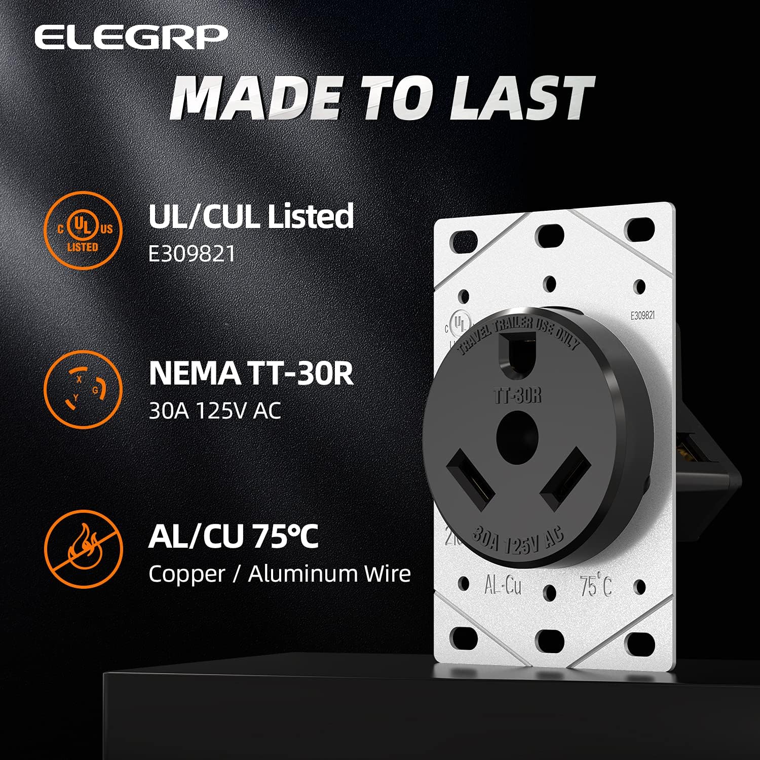 ELEGRP 30 Amp RV Receptacle, Flush Mount NEMA TT-30R Outlet & Heavy Duty NEMA TT-30P Plug, 125V, 2 Pole 3 Wire, UL Listed