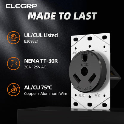 ELEGRP 30 Amps RV Receptacle, Flush Mounting Power Outlet, NEMA TT-30R 125V, 2 Pole 3 Wire——ELEGRP 30 Amps 125V Heavy Duty Angle Plug, NEMA TT-30P