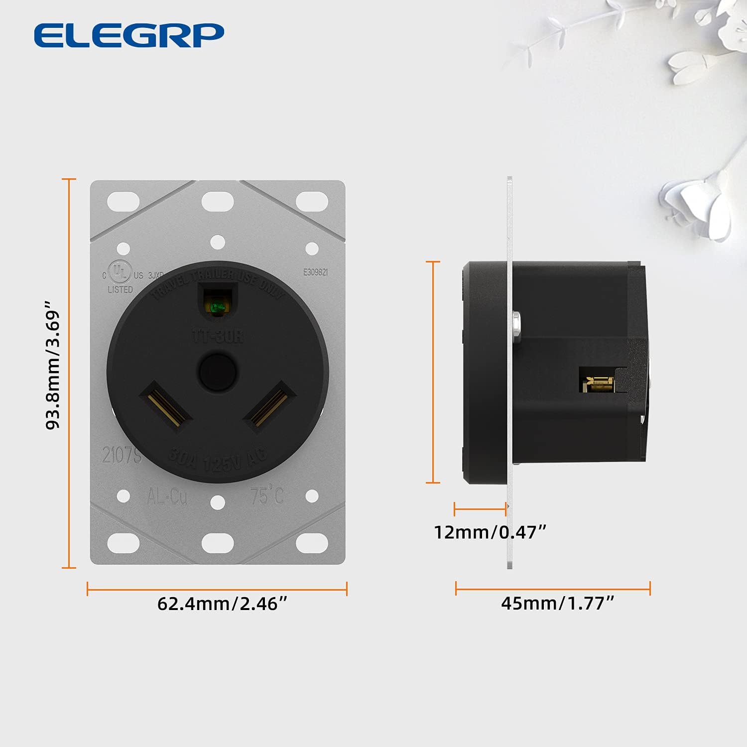 ELEGRP 30 Amp RV Receptacle, Flush Mount NEMA TT-30R Outlet & Heavy Duty NEMA TT-30P Plug, 125V, 2 Pole 3 Wire, UL Listed