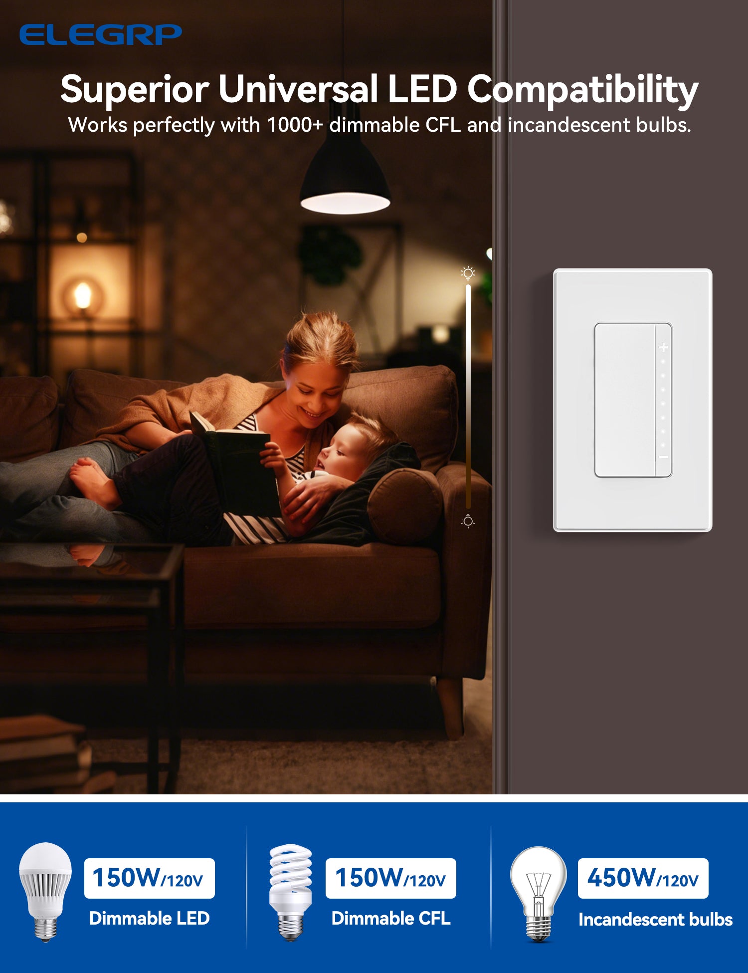 ELEGRP Dimmer Switch for Dimmable LED, LEDPro™ Multi-Location Master and Companion Dimmer Light Switch, Wall Plate Included