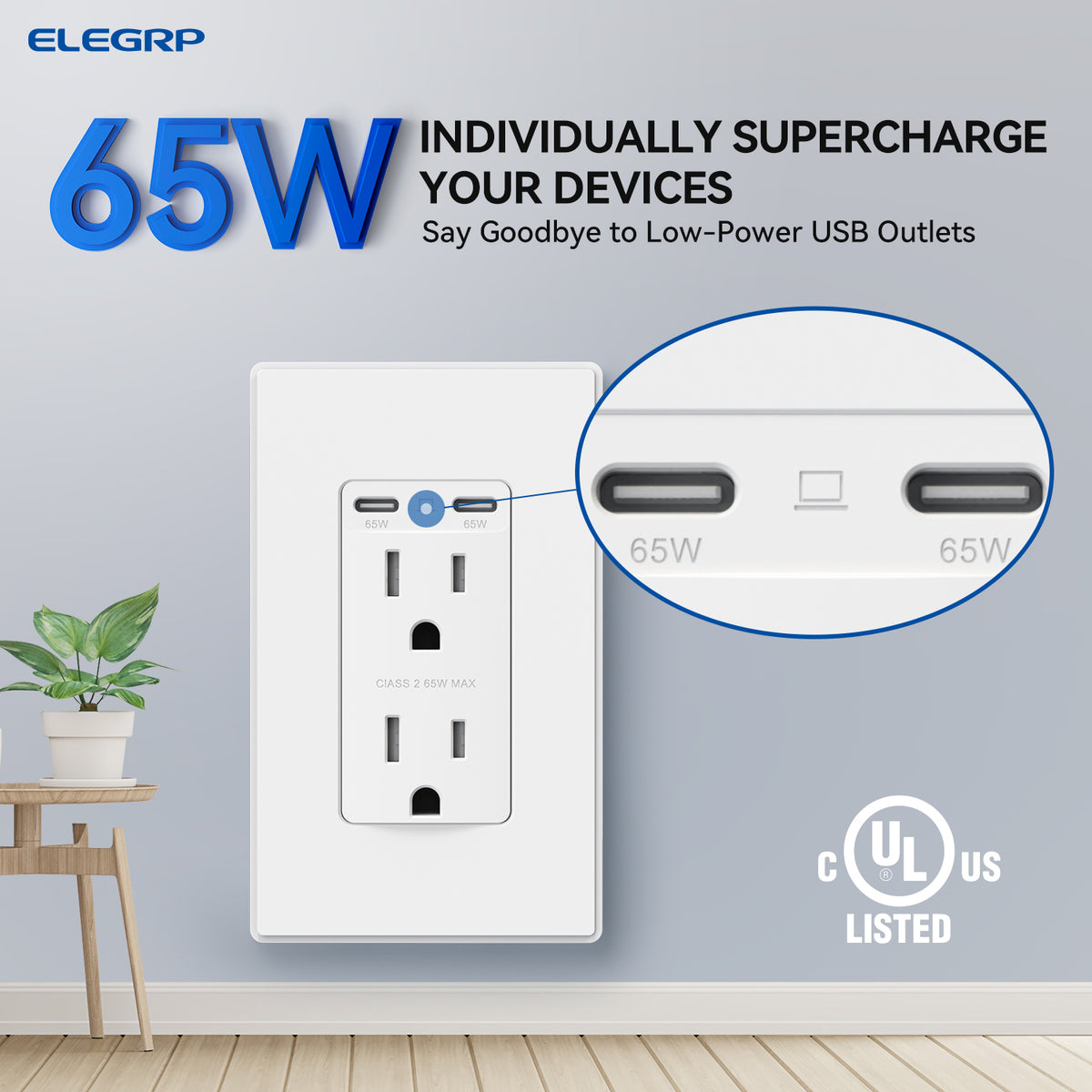 65W USB-C PD Wall Outlet with Dual Ultra-Fast Charging Ports