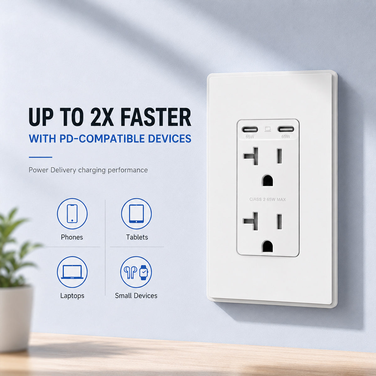 65W USB-C Wall Outlet with Dual Fast Charging Ports