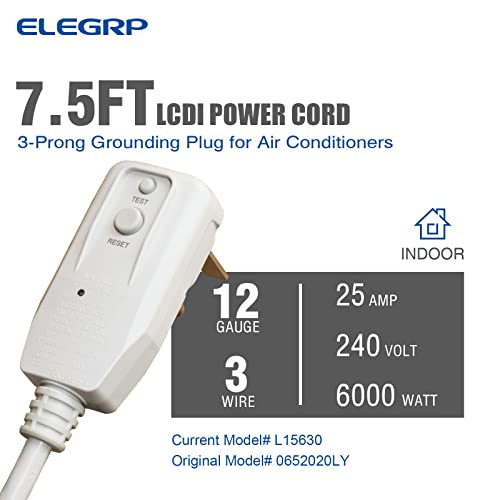 ELEGRP  LCDI Power Cord Plug for A/C Air Conditioner,  7.5FT Leakage Current Detection Interrupter Replacement, 240VAC 25Amp 6000W 60Hz NEMA 6-30P (1 Pack)
