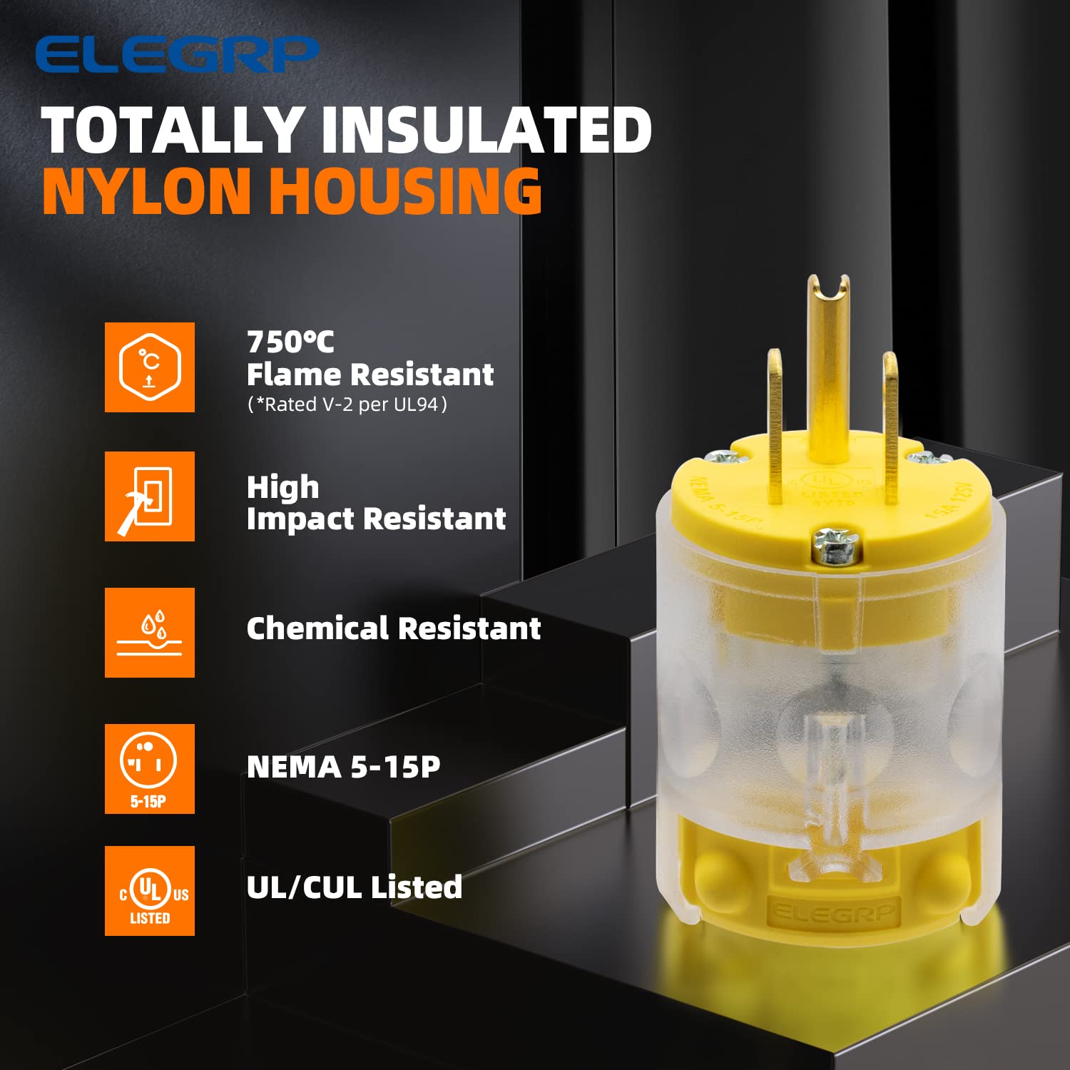 ELEGRP Lighted Electrical Plug and Connector Set, 15A 125V, NEMA 5-15P & NEMA 5-15R, 2 Pole 3 Wire Grounding, Commercial Grade, Yellow