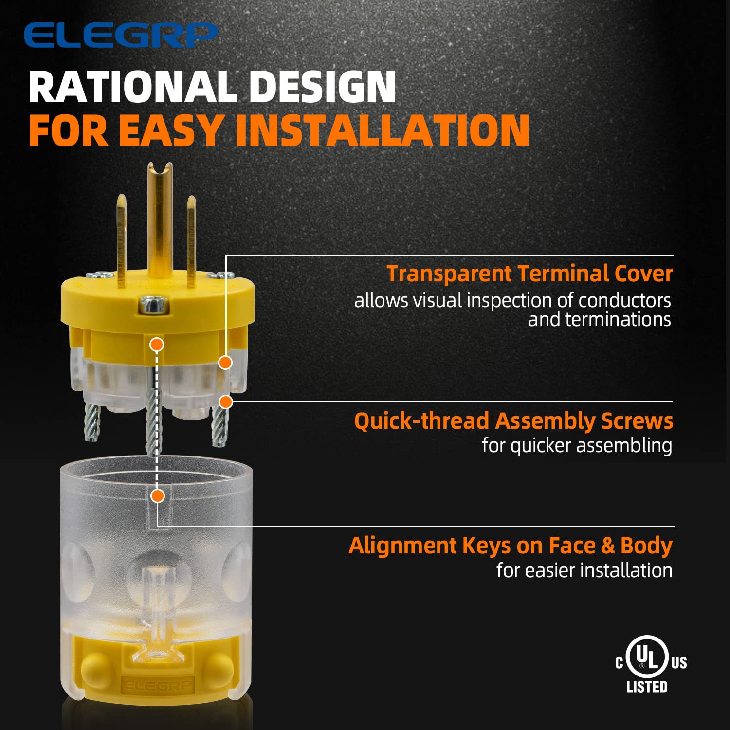 ELEGRP Lighted Electrical Plug and Connector Set, 15A 125V, NEMA 5-15P & NEMA 5-15R, 2 Pole 3 Wire Grounding, Commercial Grade, Yellow