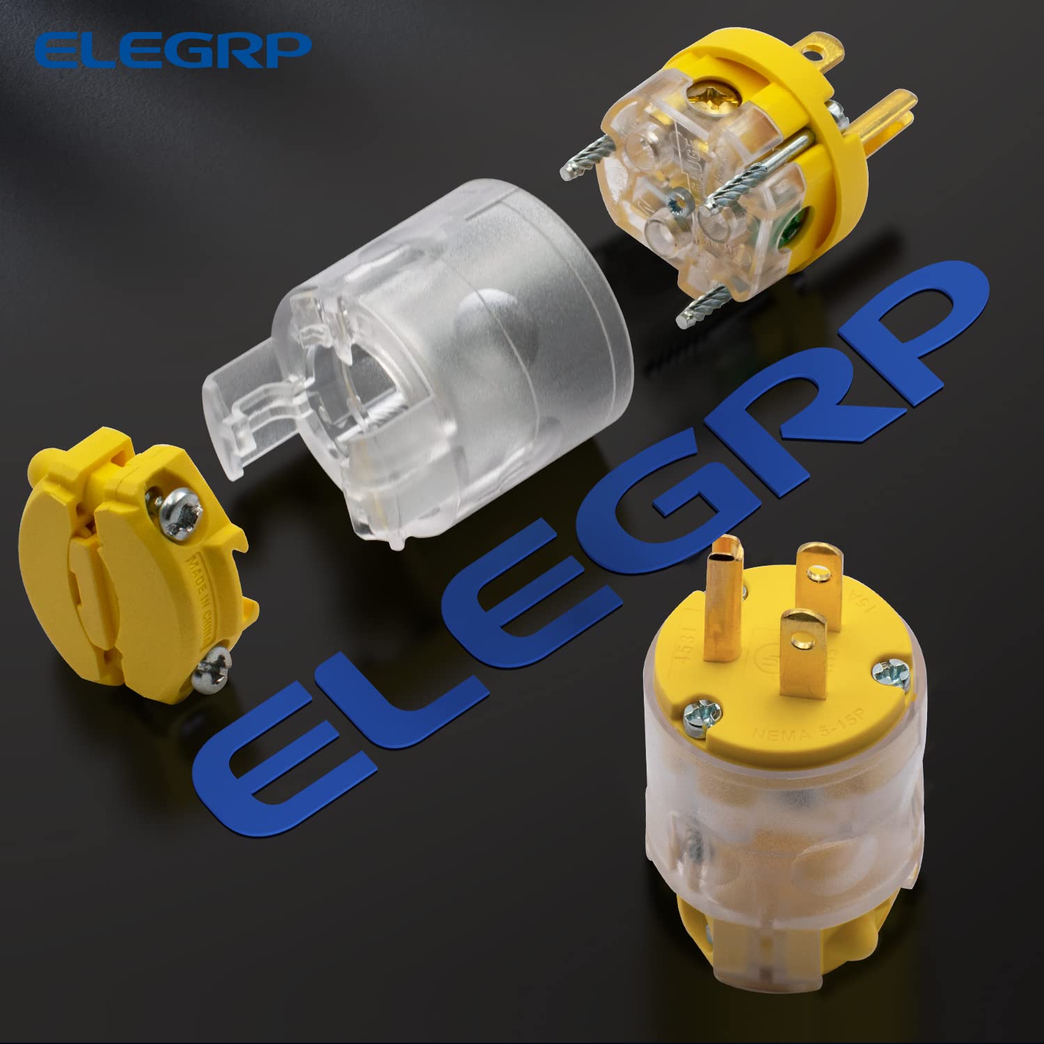 ELEGRP Lighted Electrical Plug and Connector Set, 15A 125V, NEMA 5-15P & NEMA 5-15R, 2 Pole 3 Wire Grounding, Commercial Grade, Yellow