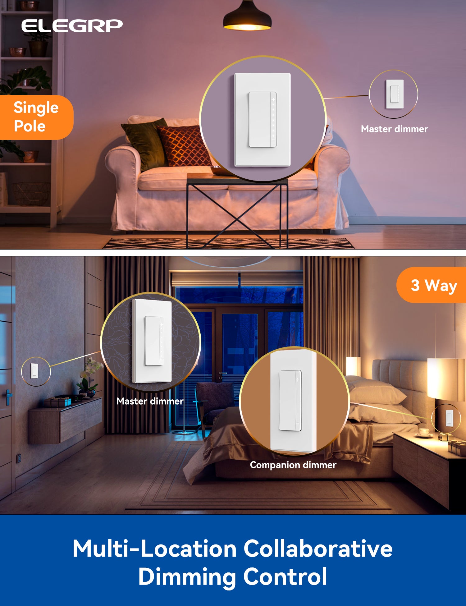 ELEGRP Dimmer Switch for Dimmable LED, LEDPro™ Multi-Location Master and Companion Dimmer Light Switch, Wall Plate Included