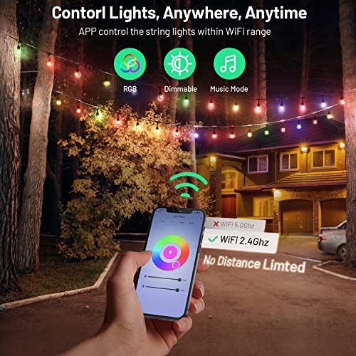 ELEGRP Smart Outdoor String Lights, Waterproof, WiFi Controlled, 48FT/96FT, Color-Changing Dimmable LED PET Bulbs, Works with Alexa & Google Assistant