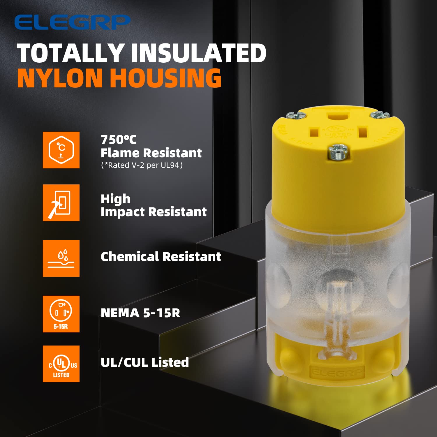 ELEGRP Lighted Electrical Plug and Connector Set, 15A 125V, NEMA 5-15P & NEMA 5-15R, 2 Pole 3 Wire Grounding, Commercial Grade, Yellow