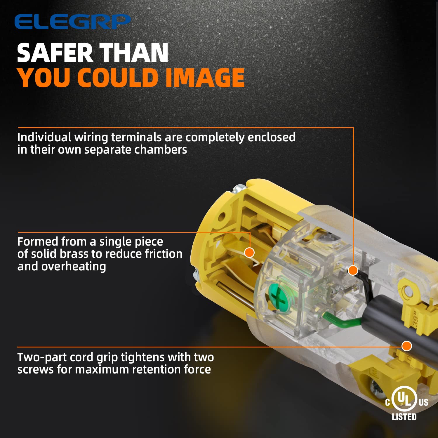 ELEGRP Lighted Electrical Plug and Connector Set, 15A 125V, NEMA 5-15P & NEMA 5-15R, 2 Pole 3 Wire Grounding, Commercial Grade, Yellow