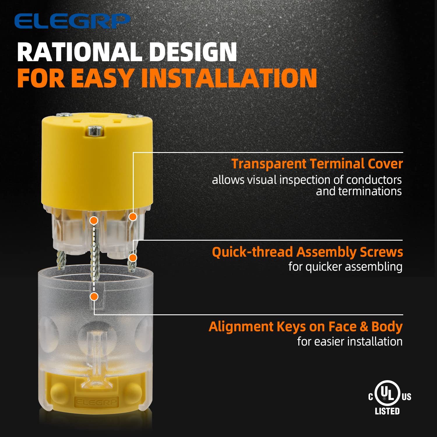 ELEGRP Lighted Electrical Plug and Connector Set, 15A 125V, NEMA 5-15P & NEMA 5-15R, 2 Pole 3 Wire Grounding, Commercial Grade, Yellow