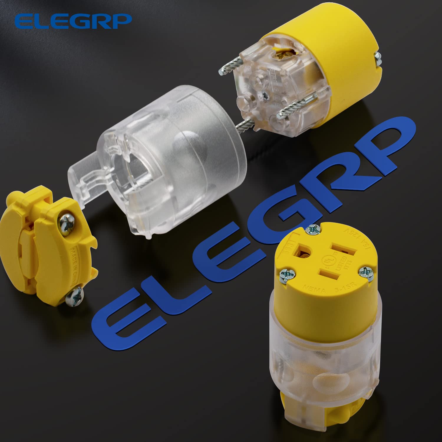 ELEGRP Lighted Electrical Plug and Connector Set, 15A 125V, NEMA 5-15P & NEMA 5-15R, 2 Pole 3 Wire Grounding, Commercial Grade, Yellow