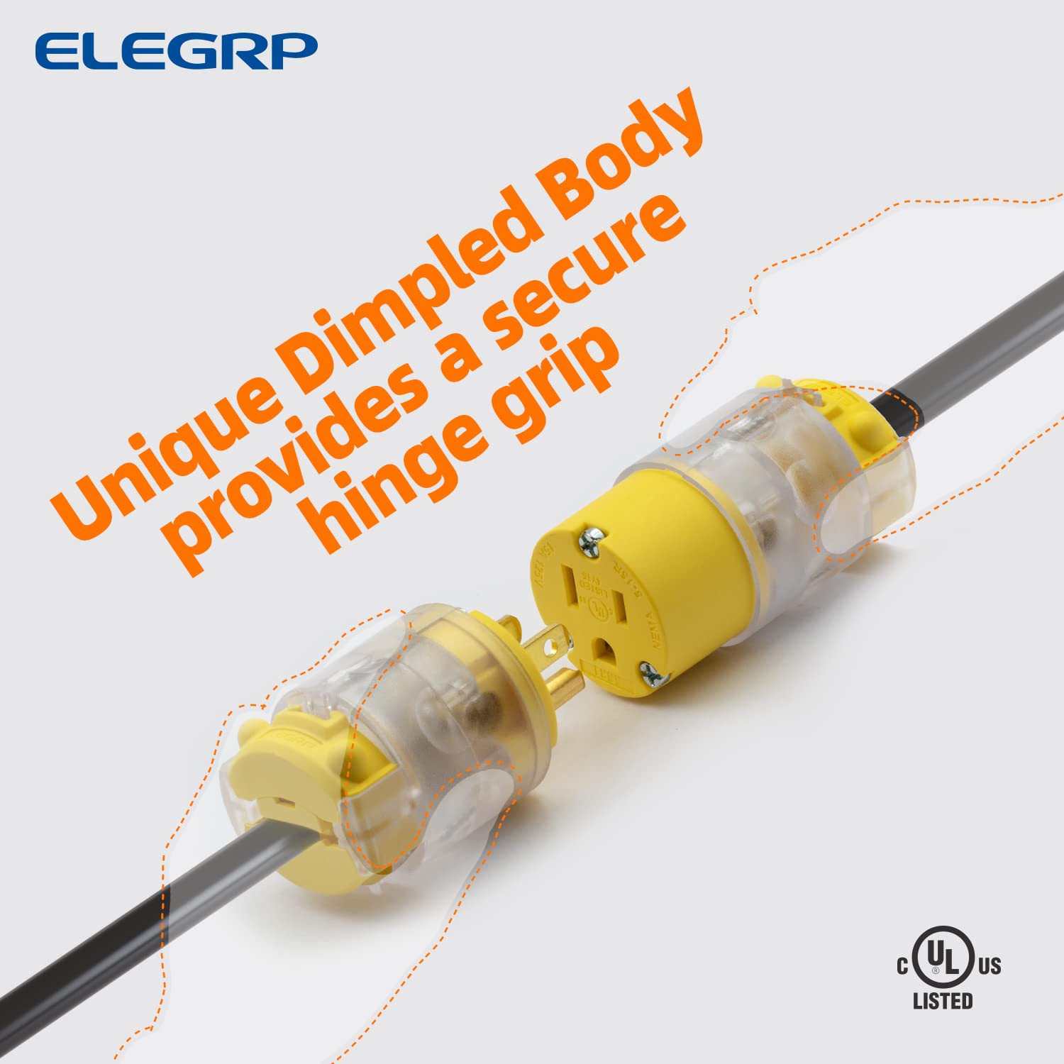 ELEGRP Lighted Electrical Plug and Connector Set, 15A 125V, NEMA 5-15P & NEMA 5-15R, 2 Pole 3 Wire Grounding, Commercial Grade, Yellow