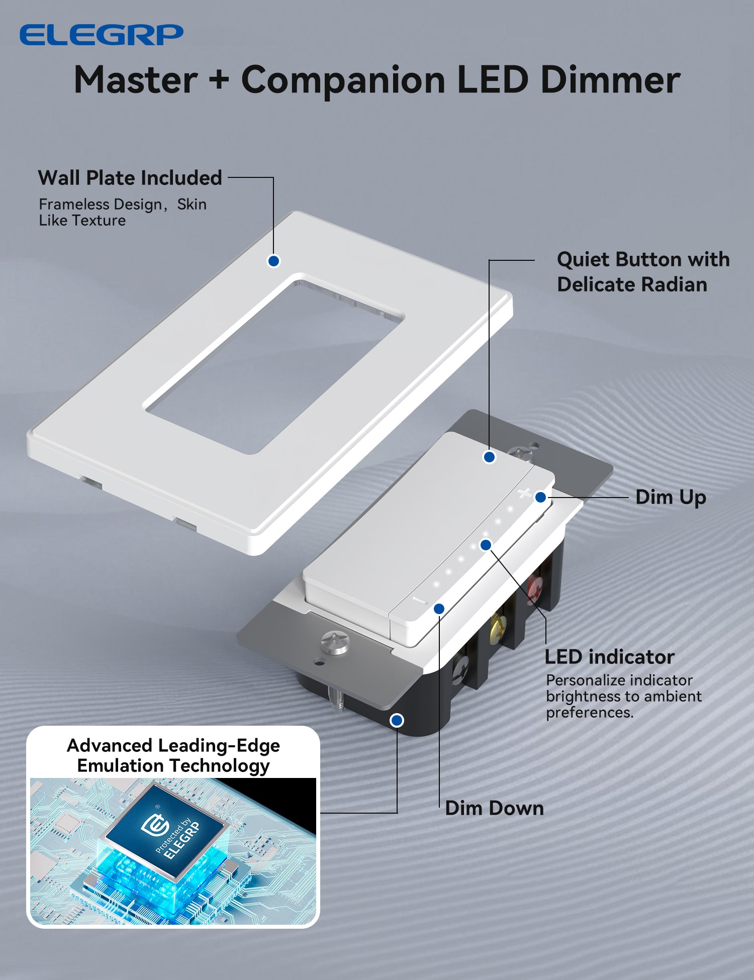ELEGRP Dimmer Switch for Dimmable LED, LEDPro™ Multi-Location Master and Companion Dimmer Light Switch, Wall Plate Included