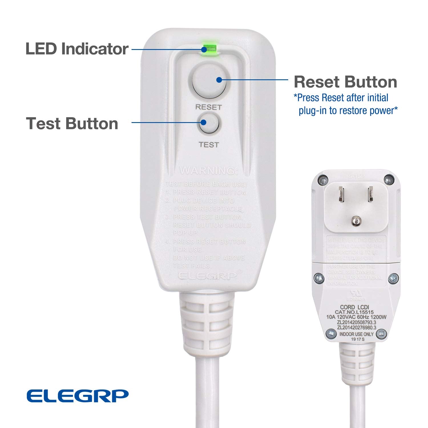 ELEGRP 18AWG LCDI Power Cord Plug for Air Conditioners, 7.5FT, 120V 10A, Leakage Detection, UL Certified Replacement