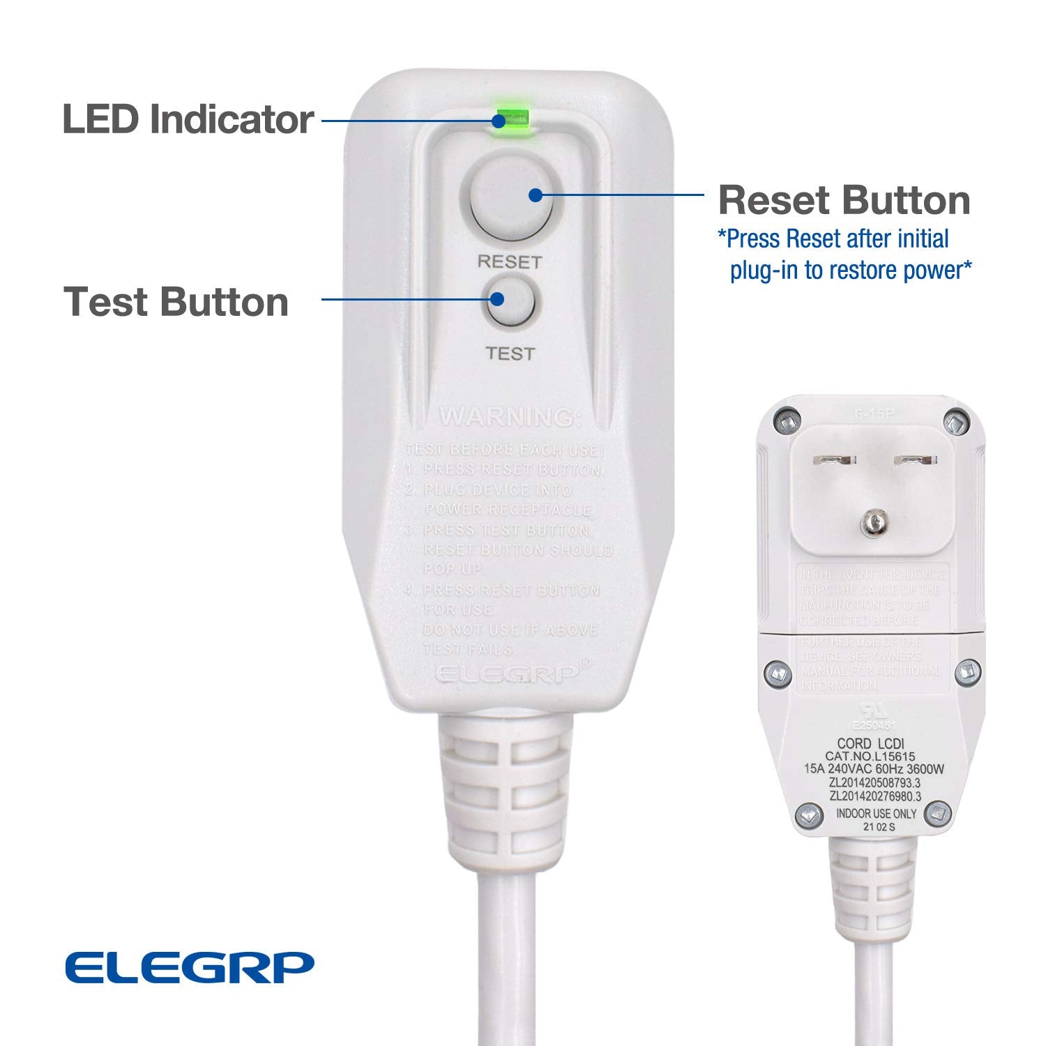 ELEGRP 240VAC 15Amp 3600W 14AWG LCDI Power Cord Plug 60Hz NEMA 6-15P for A/C Air Conditioner, E250451 UL Certified, 7.5FT Leakage Current Detection Interrupter Replacement 0661515LY L15615 (1 Pack)