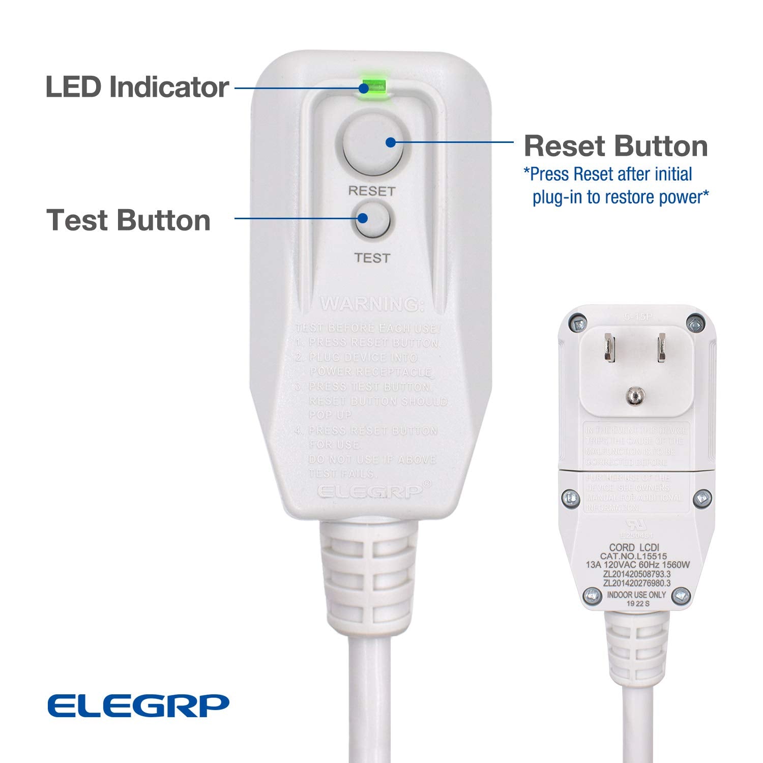ELEGRP LCDI Power Cord Plug for Air Conditioner, 7.5FT, 120VAC 13A, 1560W, Leakage Detection, NEMA 5-15P, UL Certified