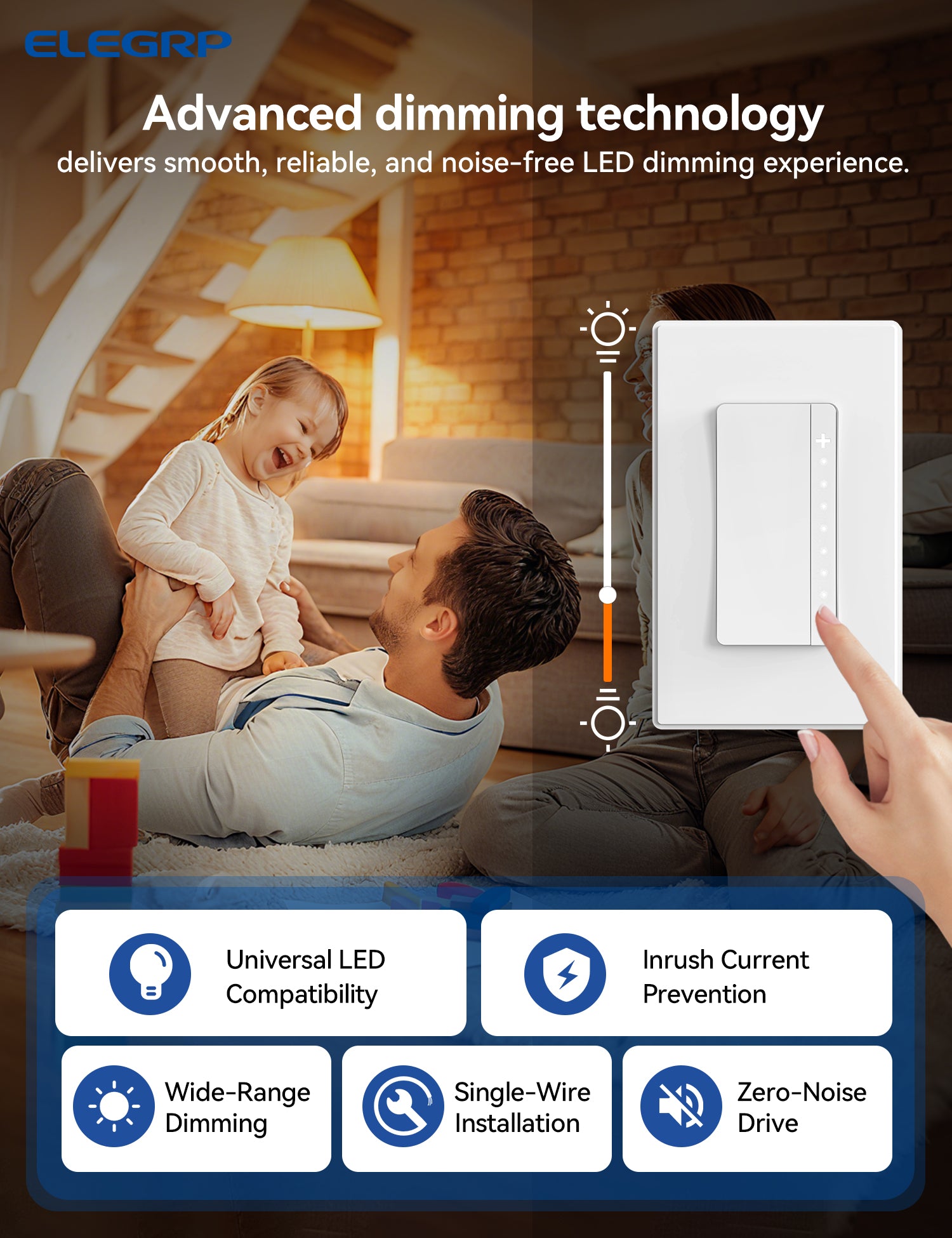 ELEGRP Dimmer Switch for Dimmable LED, LEDPro™ Multi-Location Master and Companion Dimmer Light Switch, Wall Plate Included