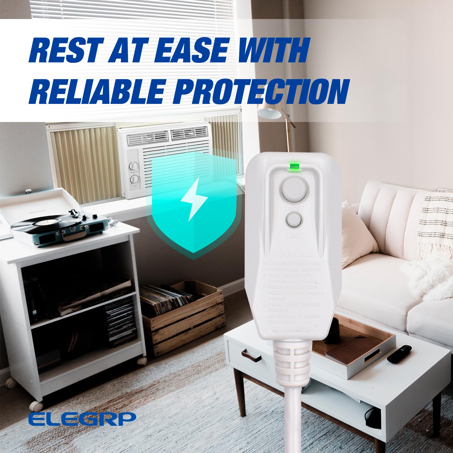 ELEGRP 14AWG LCDI Power Cord Plug for Air Conditioner, 7.5FT, 120V 15A, 1800W, Leakage Detection, NEMA 5-15P, UL Certified