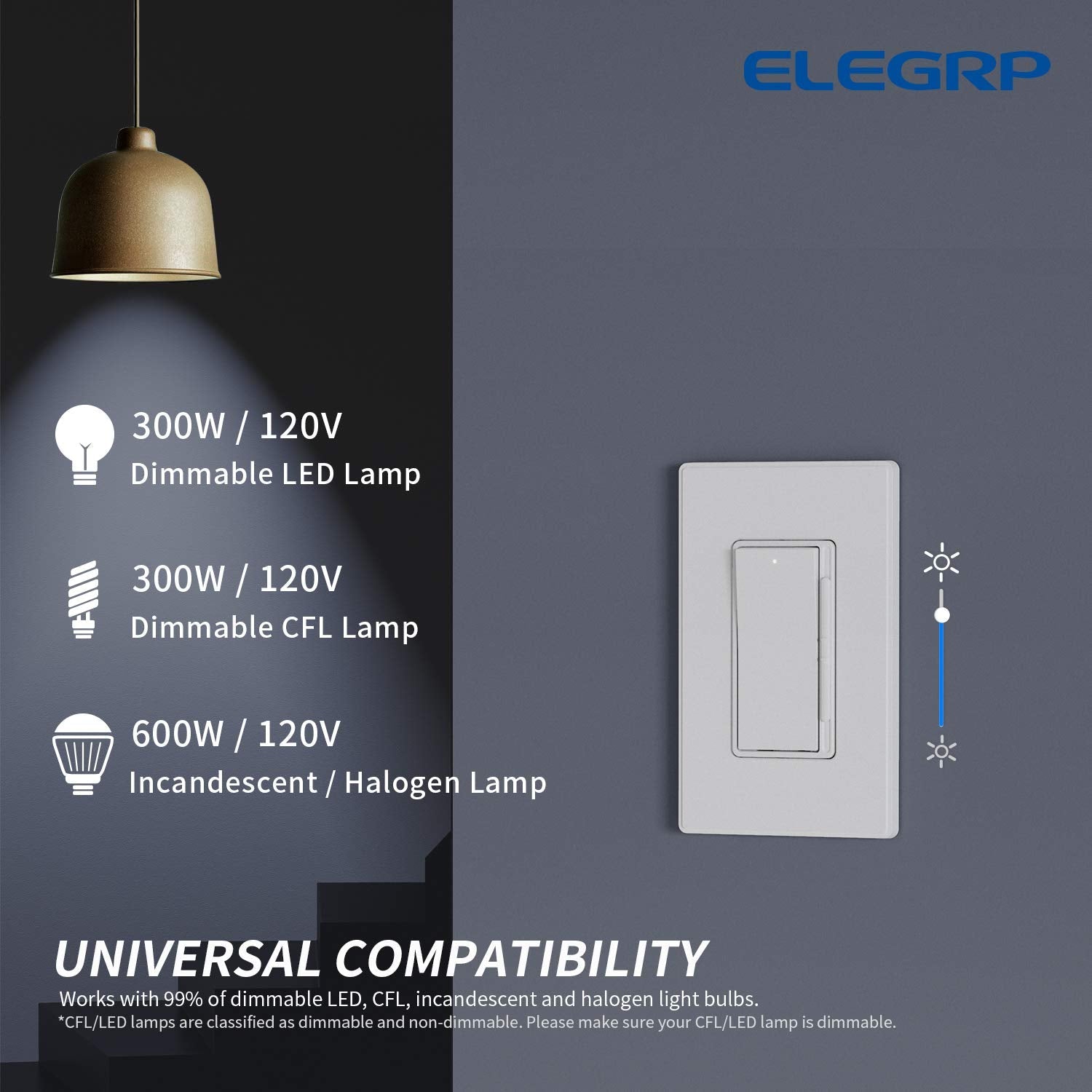 ELEGRP Digital Slide Dimmer Switch, Single-Pole/3-Way, for LED, CFL, Incandescent Bulbs, Wall Plate Included, UL Listed