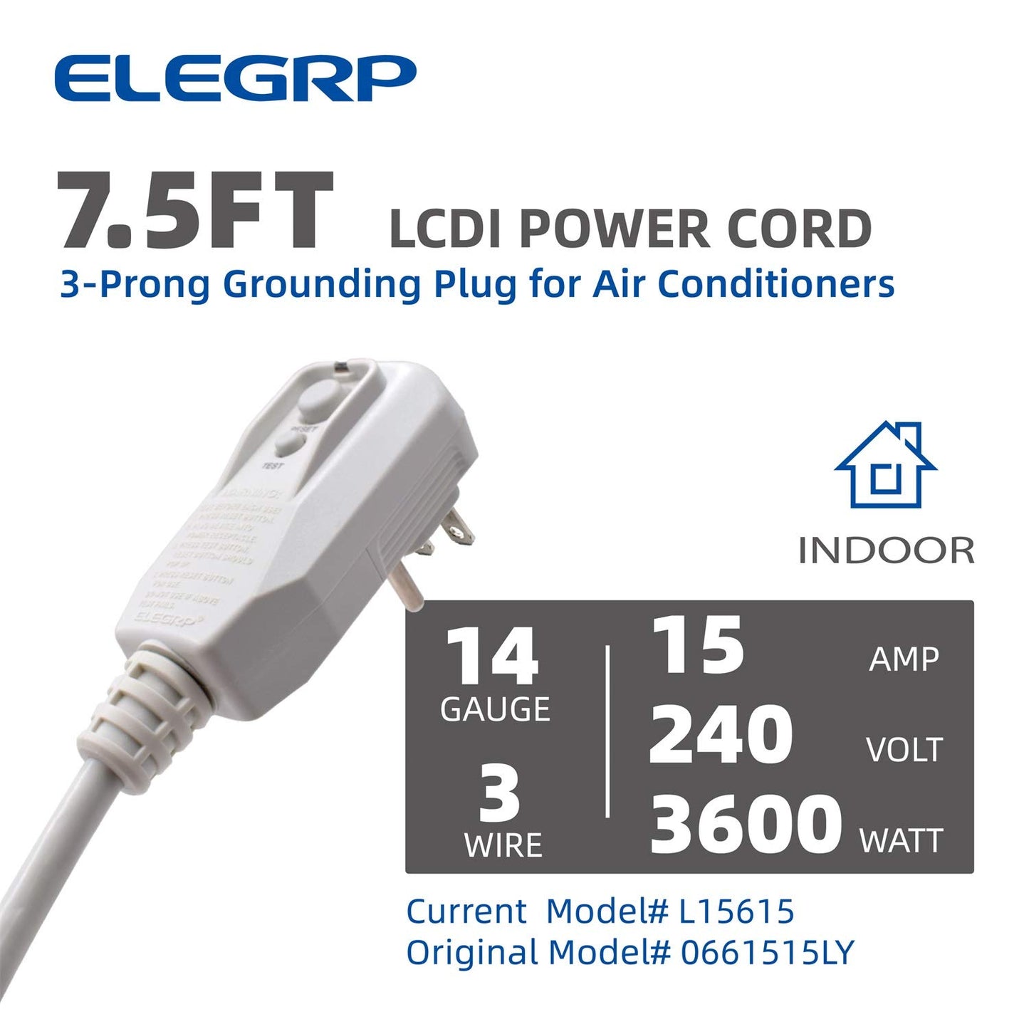 ELEGRP 240VAC 15Amp 3600W 14AWG LCDI Power Cord Plug 60Hz NEMA 6-15P for A/C Air Conditioner, E250451 UL Certified, 7.5FT Leakage Current Detection Interrupter Replacement 0661515LY L15615 (1 Pack)