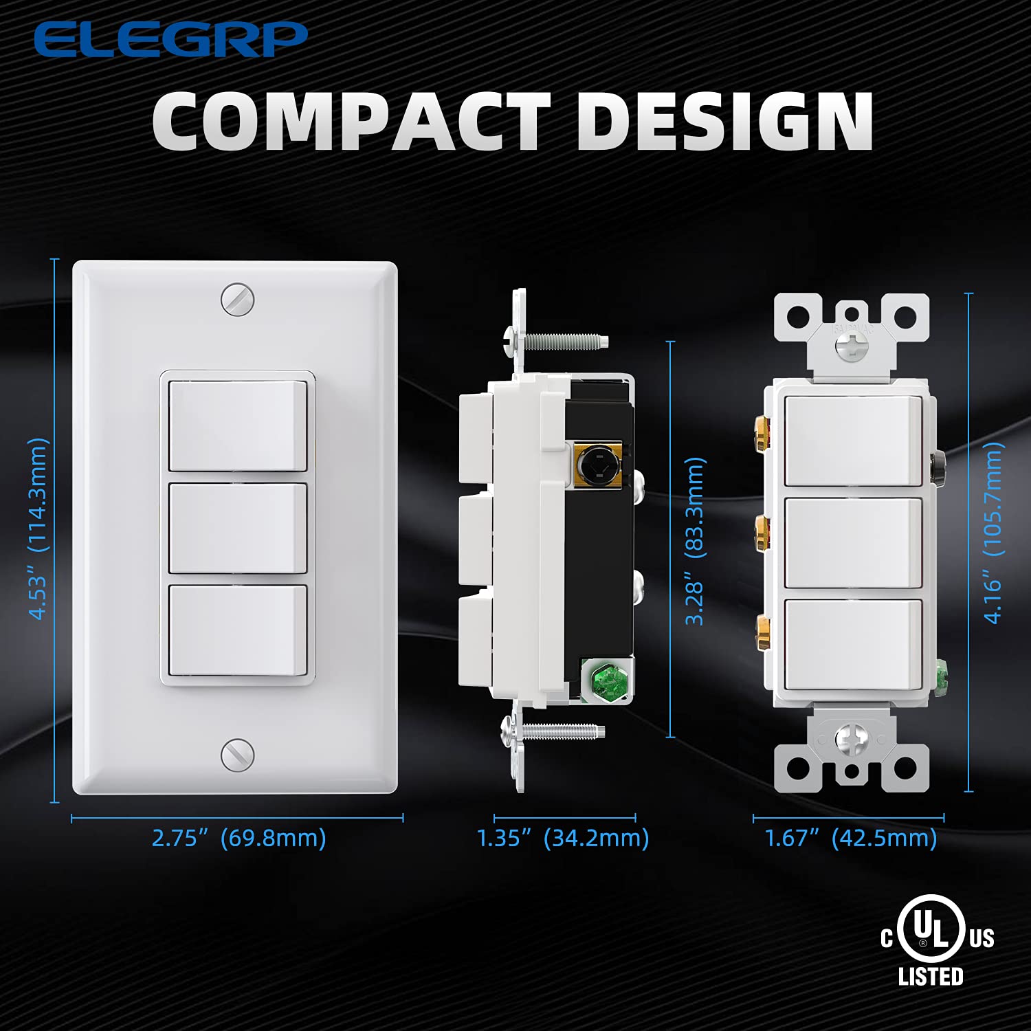 ELEGRP Combination Light Switch, 3 Single Pole Decorative Switches, 15A 125V, Wall Plate Included, Durable Thermoplastic, Easy Installation