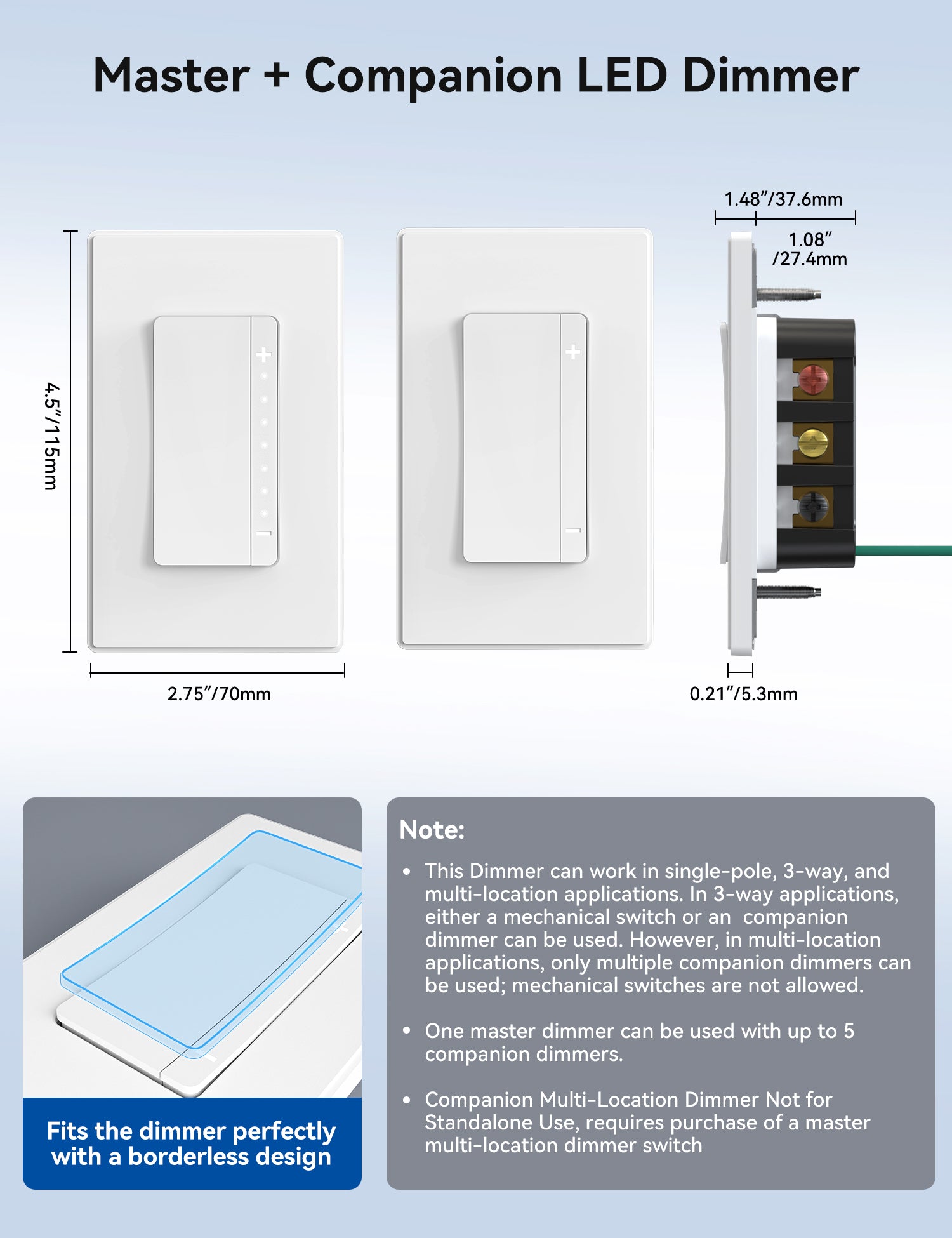 ELEGRP Dimmer Switch for Dimmable LED, LEDPro™ Multi-Location Master and Companion Dimmer Light Switch, Wall Plate Included