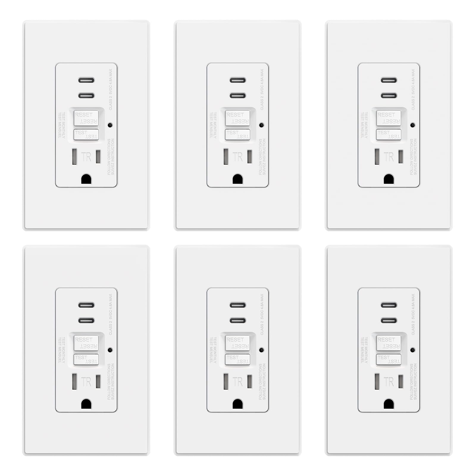 GFCI Outlet with USB Type C/C Ports, 15A/20A 125V 24W, Tamper-Resistant