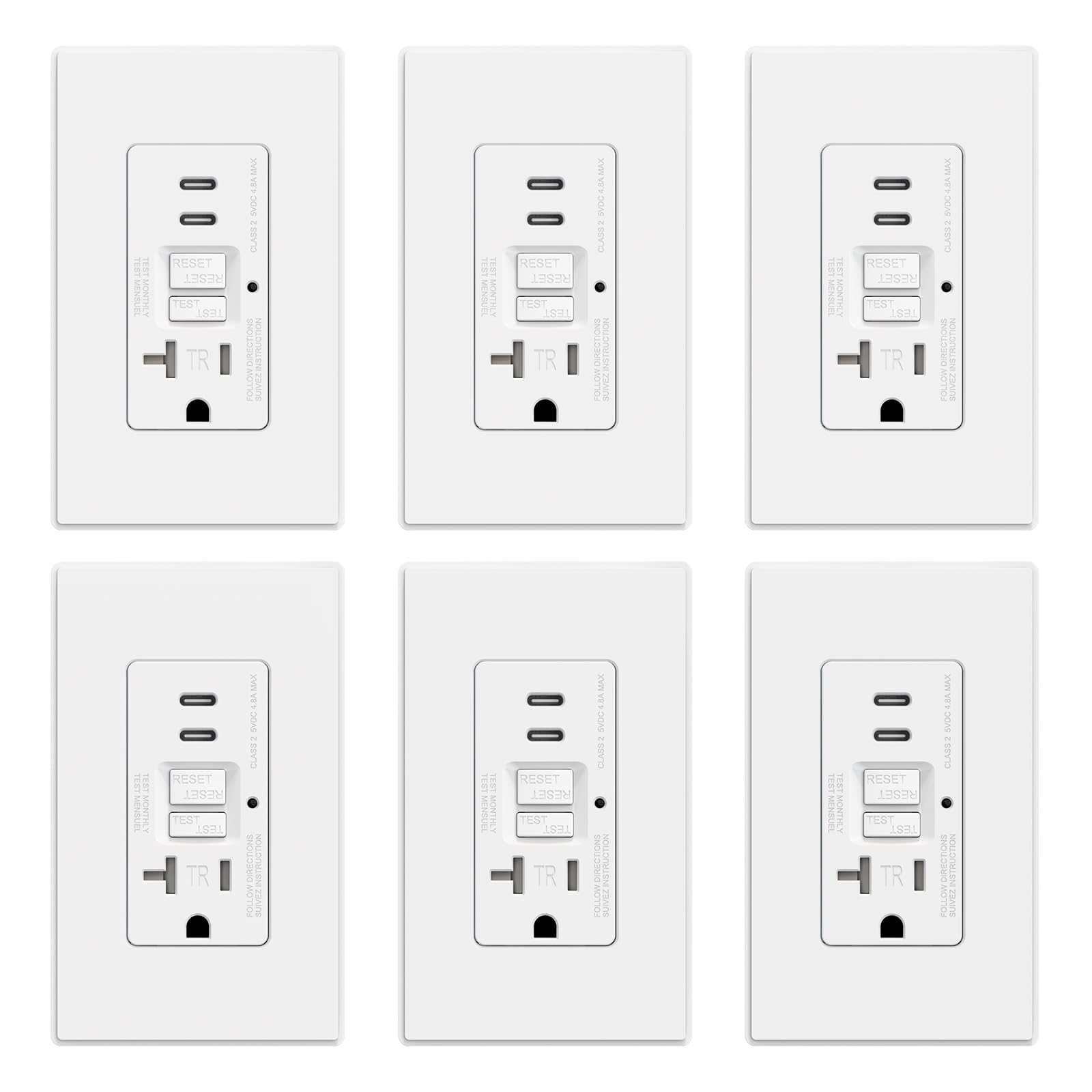 GFCI Outlet with USB Type C/C Ports, 15A/20A 125V 24W, Tamper-Resistant