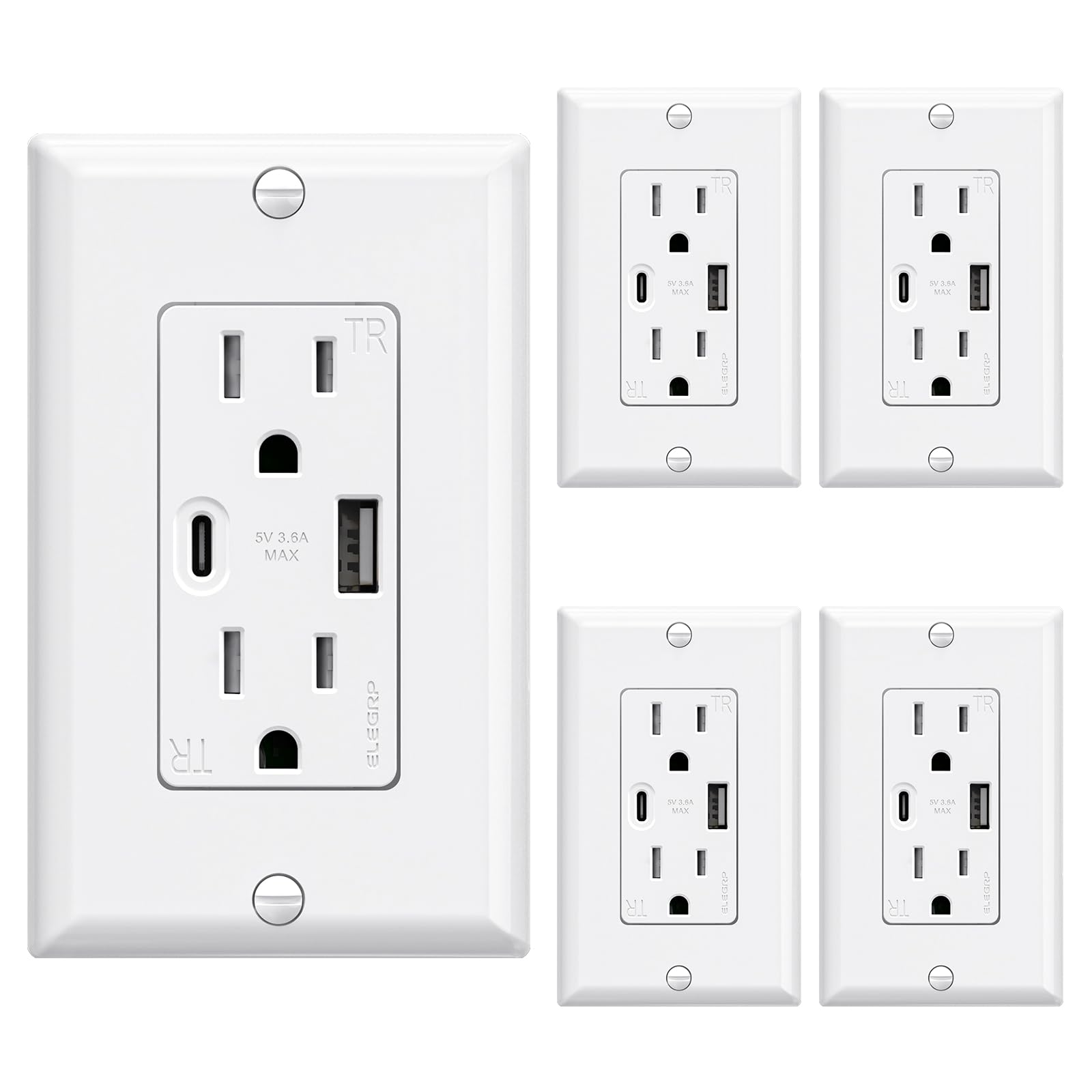 USB A/C, 3.6A 5VDC Total Output Outlet with 15A/20A, Tamper-Resistant Screw Wall Outlet