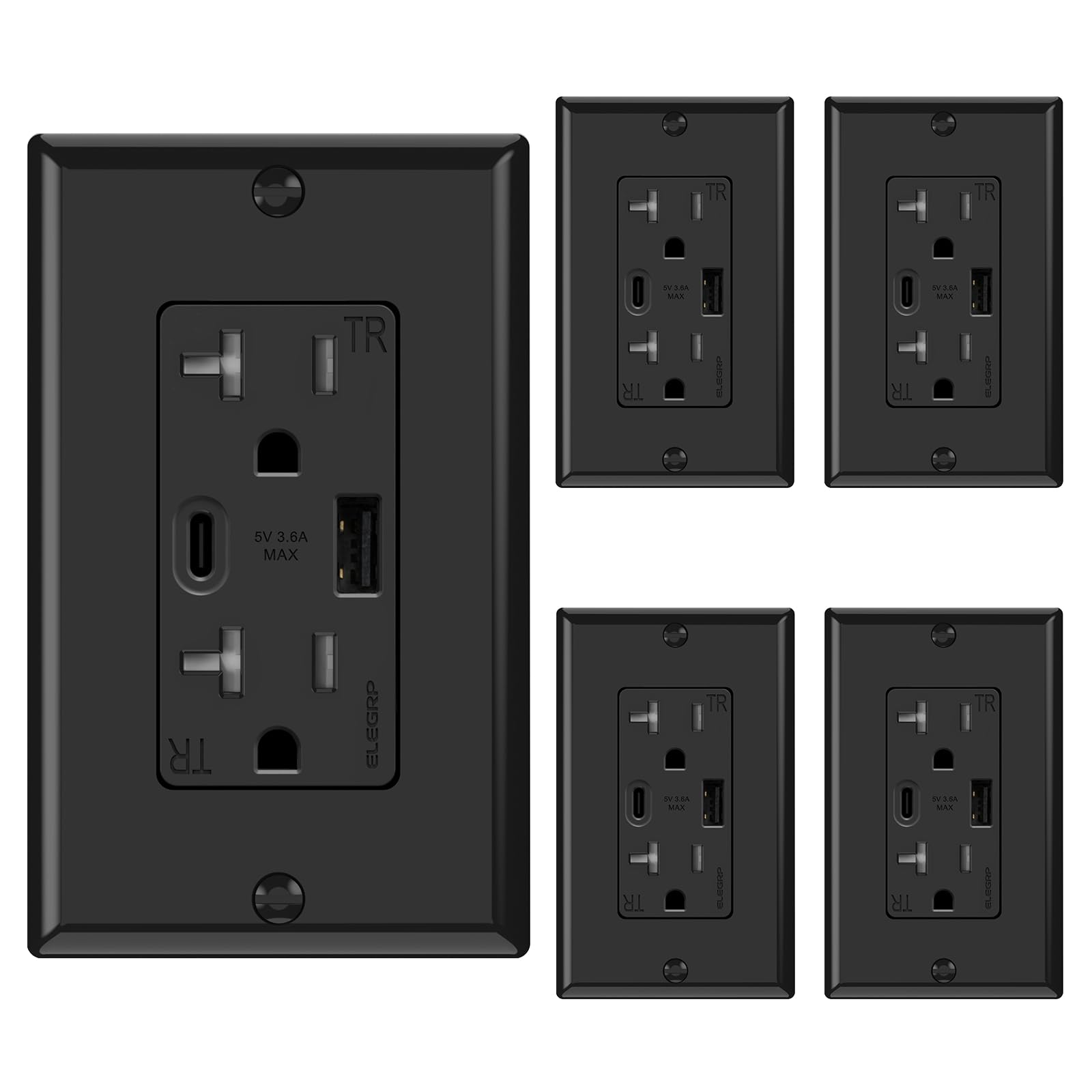 USB A/C, 3.6A 5VDC Total Output Outlet with 15A/20A, Tamper-Resistant Screw Wall Outlet