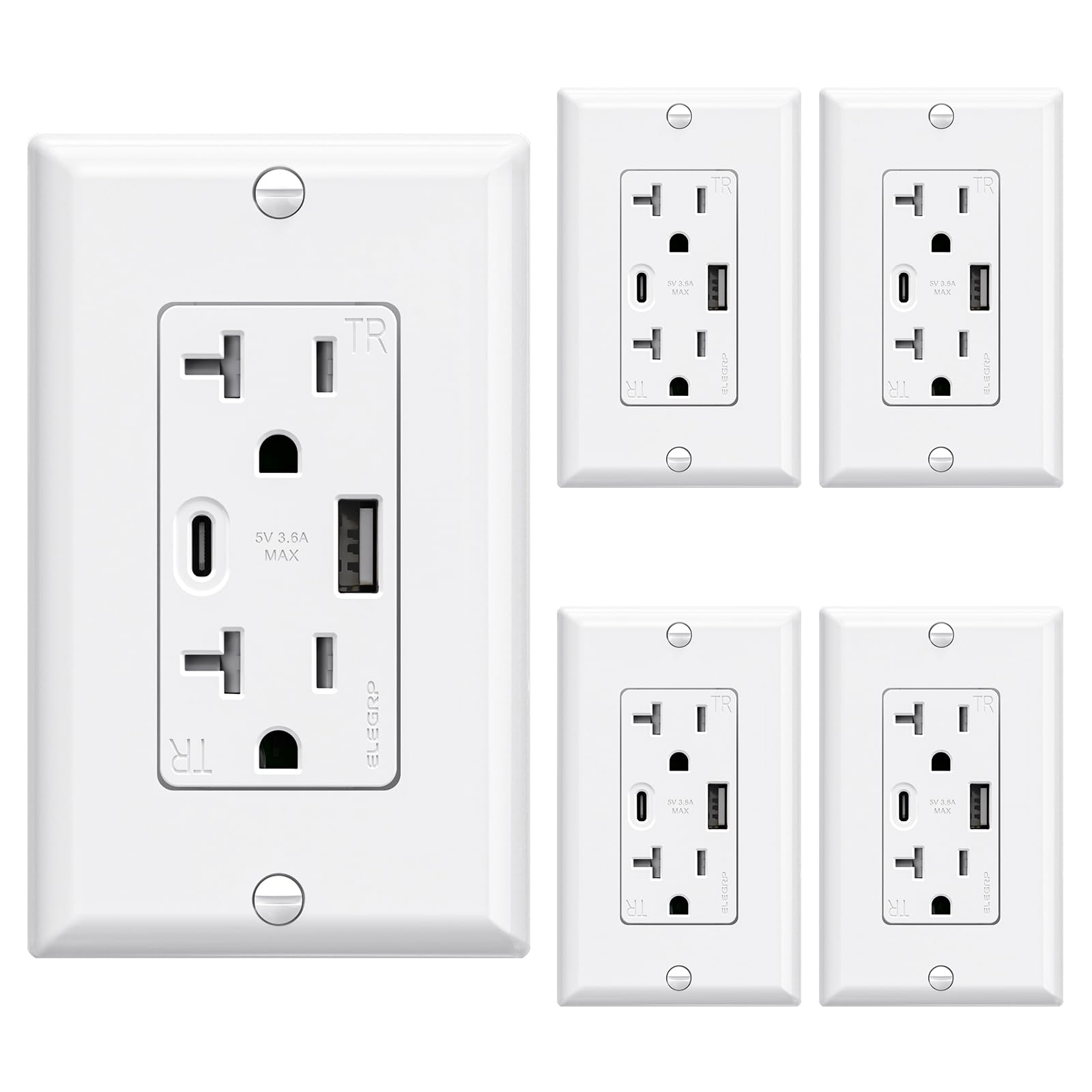 USB A/C, 3.6A 5VDC Total Output Outlet with 15A/20A, Tamper-Resistant Screw Wall Outlet