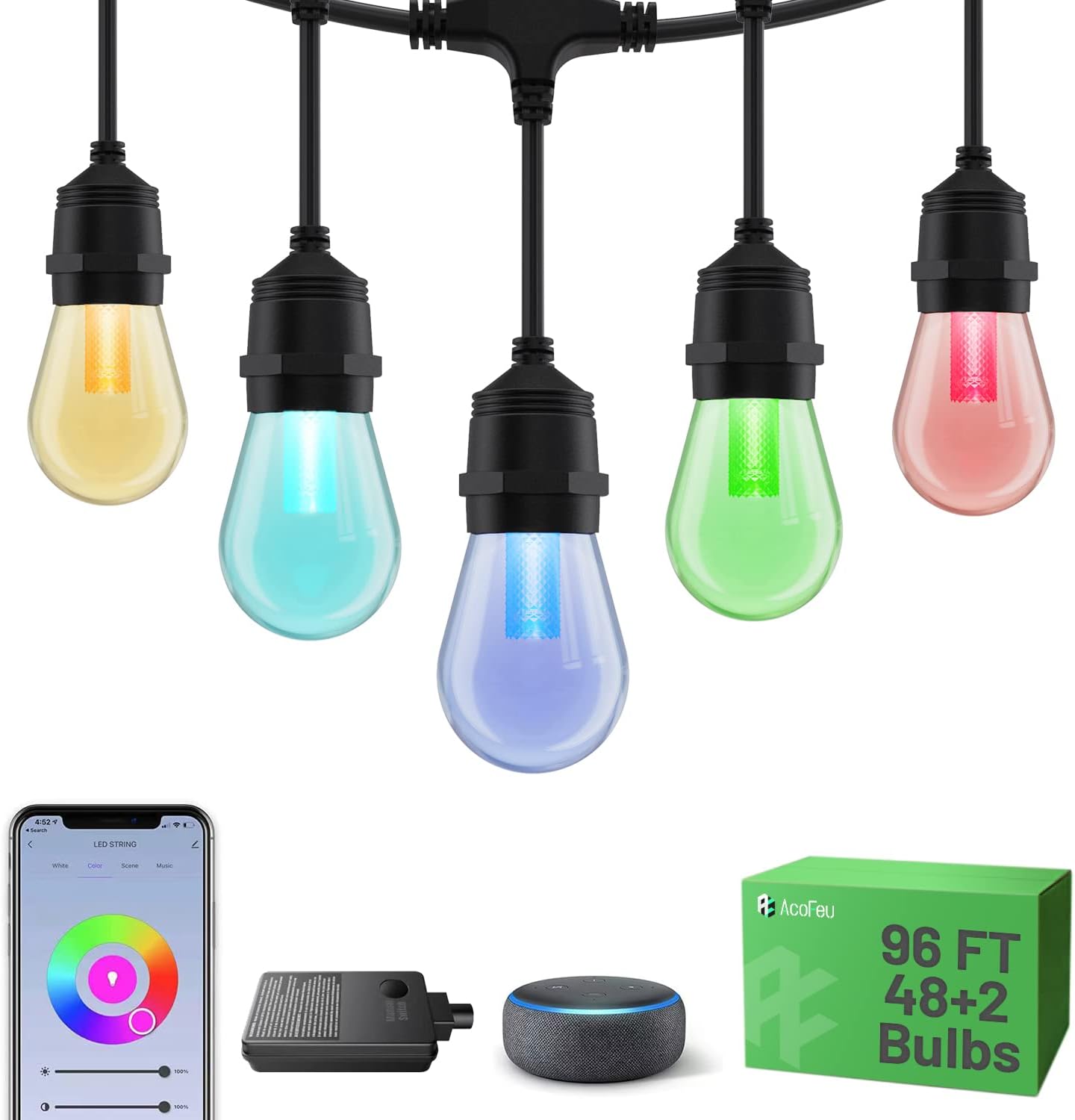 Bundle Smart Outdoor Waterproof Plugs with Outdoor String Dimmable Lights Color Changing APP WiFi Control 48FT or 96FT LED PET Bulbs IP65 for any Garden or holiday Party