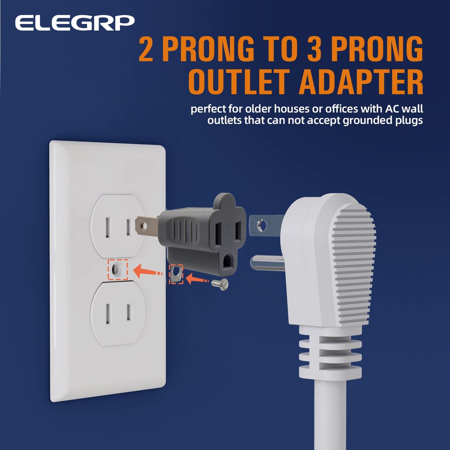 ELEGRP 2 Prong to 3 Prong Outlet Plug Adapter, Three Prong to Two Prong Adapter Converters for Wall Outlets Plugs, Polarized Grounding Plug Adapter, ETL Listed