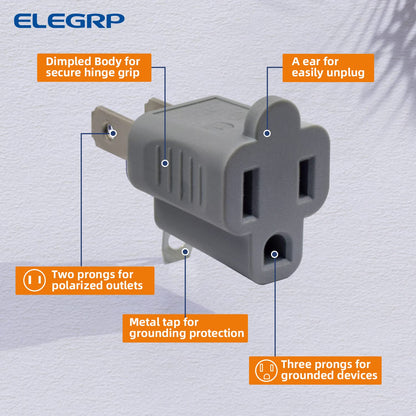 ELEGRP 2 Prong to 3 Prong Outlet Plug Adapter, Three Prong to Two Prong Adapter Converters for Wall Outlets Plugs, Polarized Grounding Plug Adapter, ETL Listed