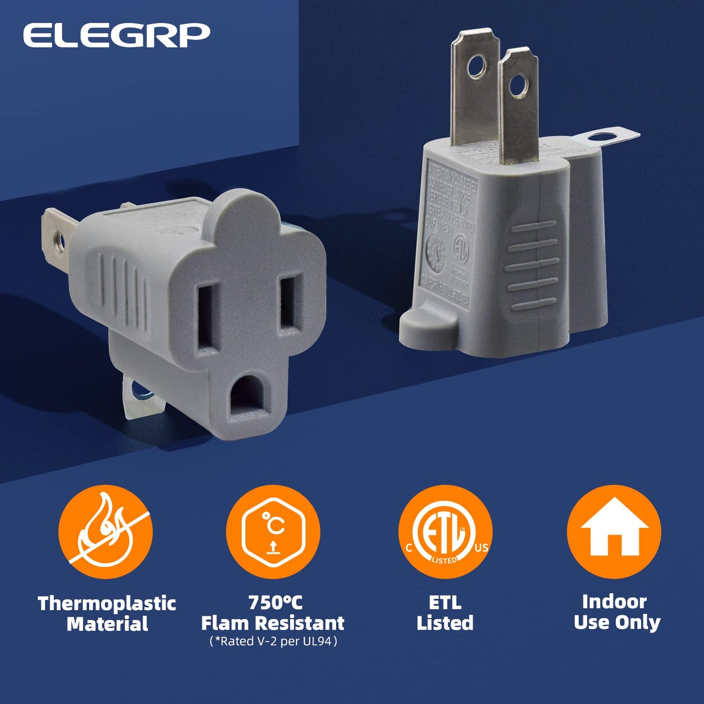 ELEGRP 2 Prong to 3 Prong Outlet Plug Adapter, Three Prong to Two Prong Adapter Converters for Wall Outlets Plugs, Polarized Grounding Plug Adapter, ETL Listed