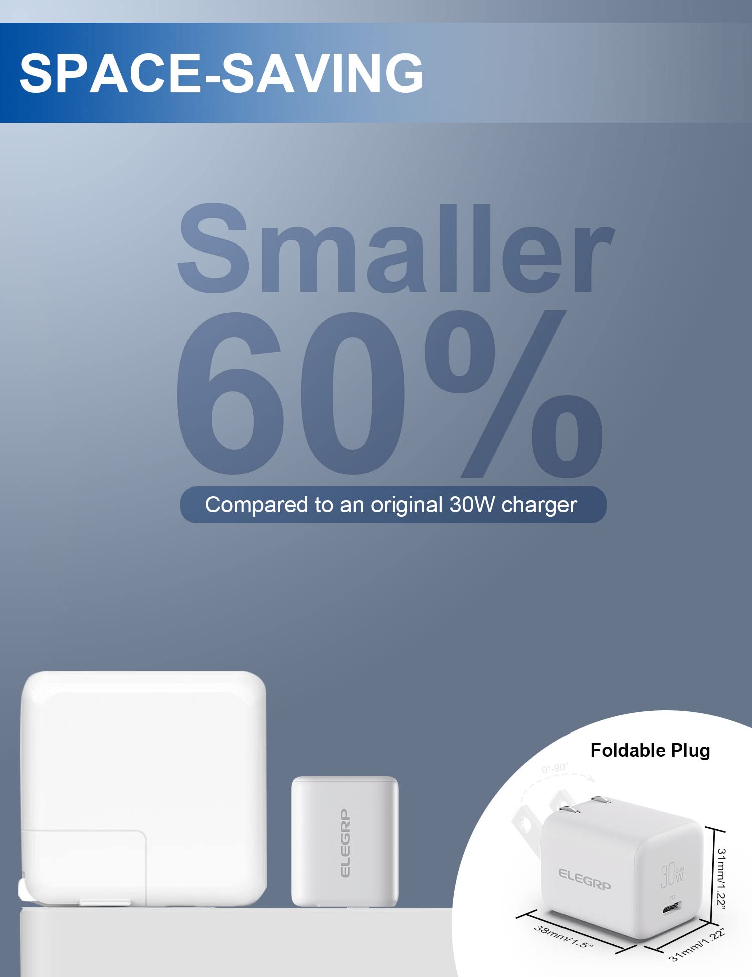 ELEGRP 30W USB C GaN Charger Cube, PD Power Delivery Fast Type C Charging Block, Wall Charger with Foldable Plug for iPhone , iPad, Pixel, AirPods, Galaxy and More