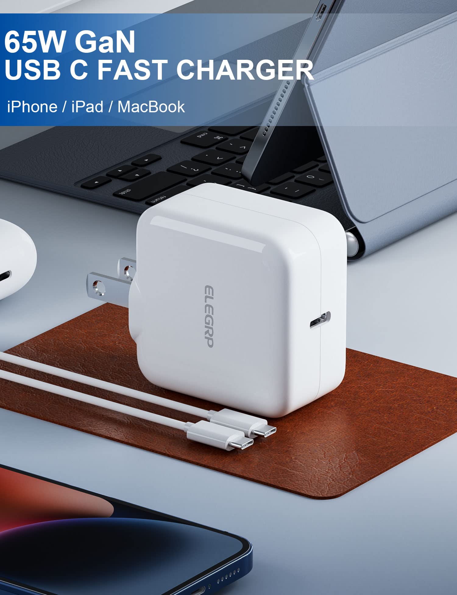 🎄50% OFF🎄 ELEGRP 65W USB C GaN Charger Cube, PD Power Delivery Fast Type C Charging Block Include Cable, Wall Charger with Foldable Plug for iPhone, iPad, MacBook Pro, Pixel, Galaxy & More