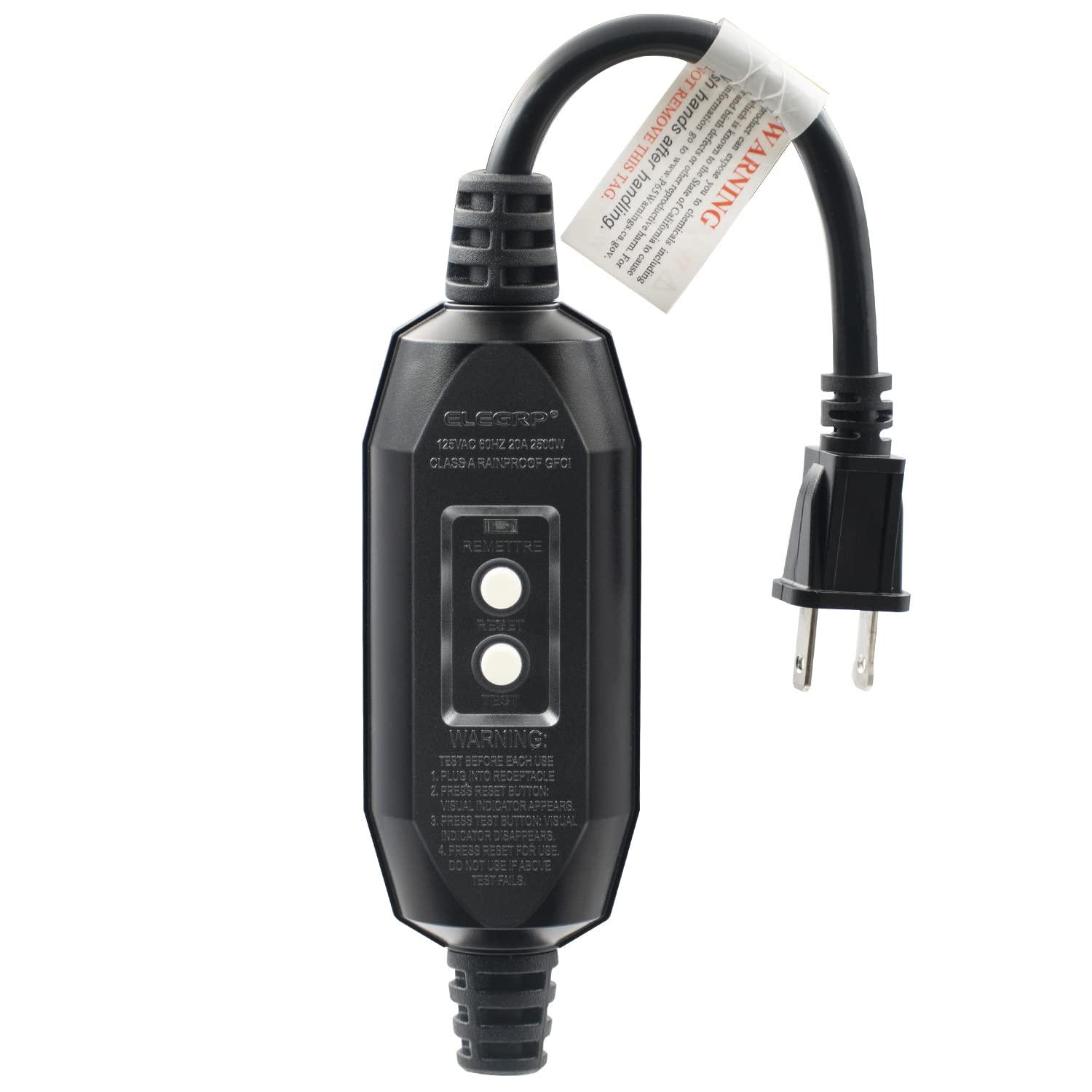 ELEGRP Patented Auto-Monitoring GFCI Plug, Inline Assembly, UL Listed, Manual & Automatic Reset, 2-Prong/3-Prong, 15A, 125V