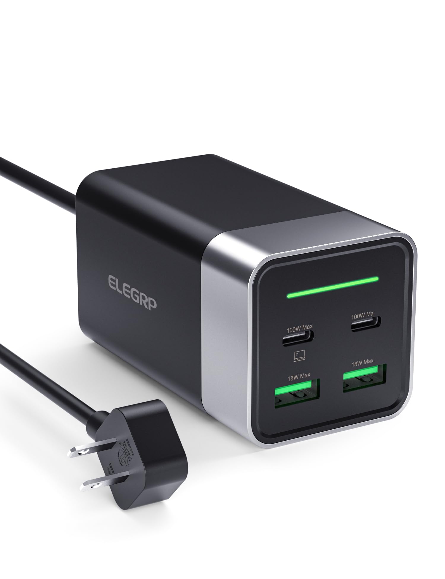 ELEGRP GaNIII 120W Fast Quick Charger Station, Dual USB C Dual USB A Multi-Port, PD 100W Power Adapter for MacBook Pro/Air, iPad, iPhone 14/13/12 Series, Galaxy S22/21, Steam Deck & More